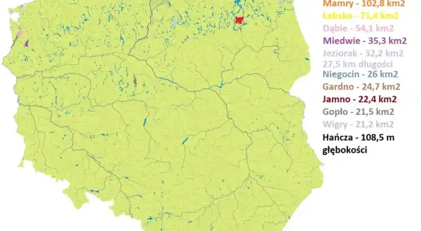 Mapa Polski z zaznaczonymi największymi jeziorami. Widać Śniardwy, Mamry i Łebsko, a także inne zbiorniki wodne.