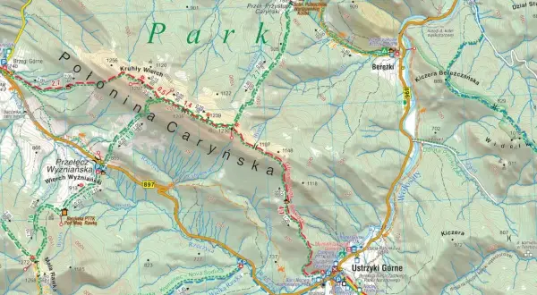 Mapa turystyczna Bieszczadów z zaznaczonymi szlakami, schroniskami i szczytami. Widoczne Połonina Caryńska i Bereżki.