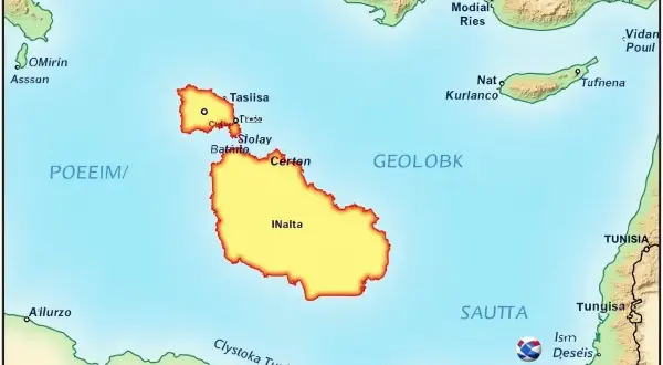 Mapa pokazuje, gdzie jest Malta, między POEEIM/ a SAUTTA, blisko wybrzeży Afryki i Europy.