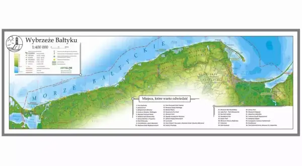Mapa przedstawia polskie wybrzeże Bałtyku z zaznaczonymi atrakcjami turystycznymi.