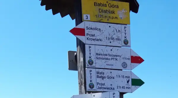 Szlaki na Babiej Górze: drogowskazy wskazują kierunki do Diablaka, Sokolicy, Markowych Szczawin i innych.