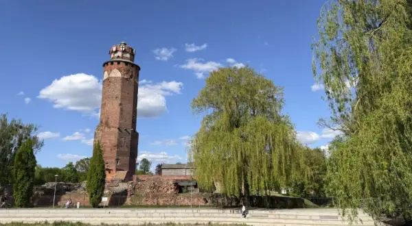 Wieża zamkowa w Brodnicy, otoczona zielenią, na tle błękitnego nieba z chmurami. Piękny dzień na Pojezierzu Brodnickim.