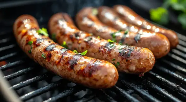 Soczysta kiełbasa na grilla, rumiana i pachnąca, z ziołami, pieczona na ruszcie.