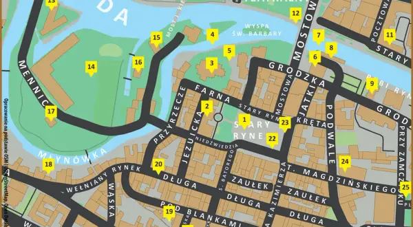 Mapa Starego Rynku w Bydgoszczy z zaznaczonymi ulicami i punktami.