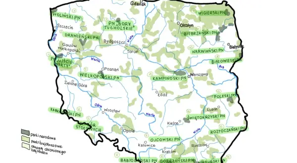 Mapa Polski z zaznaczonymi parkami narodowymi i krajobrazowymi. Odkryj piękno polskiej przyrody!