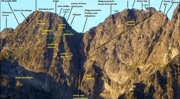 Tatry Wysokie Szczyty: Mięguszowiecki Szczyt Czarny, Pośredni SE i NW, Wyżni Ząb. Widok na grań z zaznaczonymi żebrami, depresjami i szlakiem.