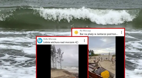 Fale rozbijają się o brzeg. Na ekranie widać fragmenty postów z Mierzei: letnia wichura i bar na plaży w Jantarze.