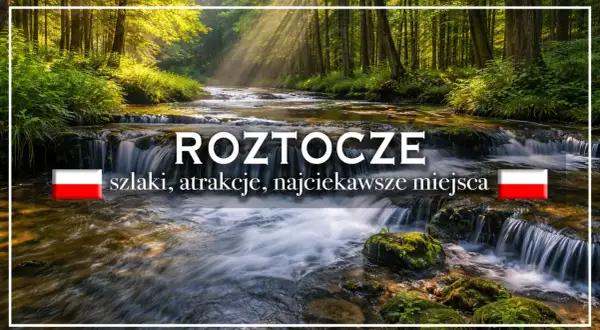 Roztocze lubelskie: malowniczy potok wśród drzew, wodospady i polska flaga. Odkryj szlaki i najciekawsze miejsca.