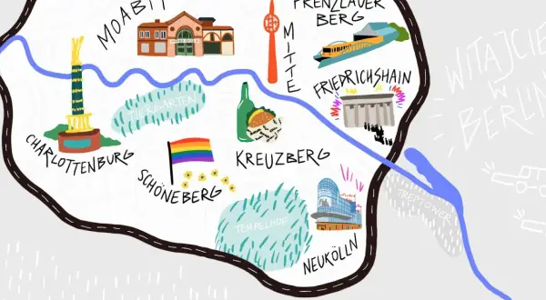 Mapa Berlina z zaznaczonymi dzielnicami: Moabit, Tiergarten, Charlottenburg, Schöneberg, Kreuzberg, Mitte, Prenzlauer Berg, Friedrichshain, Neukölln, Tempelhof i Treptower.