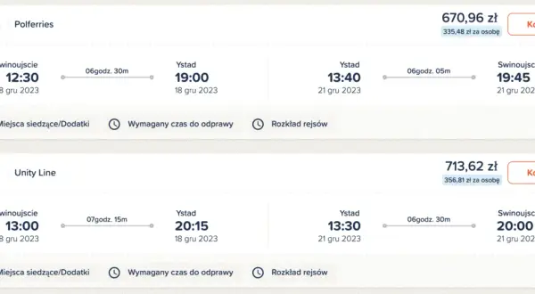 Rezerwacja promu Świnoujście Ystad. Dostępne połączenia Polferries i Unity Line z różnymi godzinami wypłynięcia i przybycia.