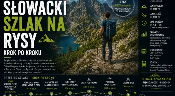 Turysta z plecakiem i kijkami idzie kamienistym szlakiem w Tatrach. W tle jezioro i góry. Opis szlaku na Rysy, z informacją o łańcuchach.