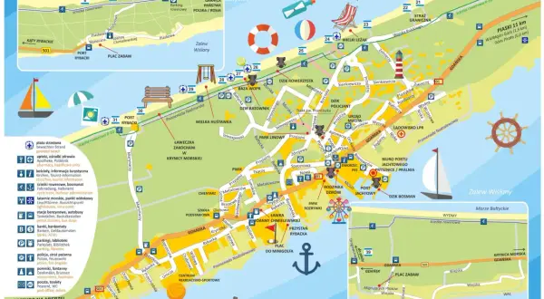 Mapa Krynicy Morskiej z zaznaczonymi atrakcjami dla dzieci: plac zabaw, park rozrywki, plaża strzeżona, ścieżki rowerowe.