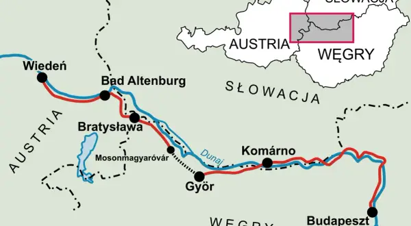 Mapa pokazuje trasę rowerową i kolejową z Wiednia przez Bratysławę i Győr do Budapesztu. Gdzie jest Budapeszt? Na Węgrzech, na wschód od Słowacji.