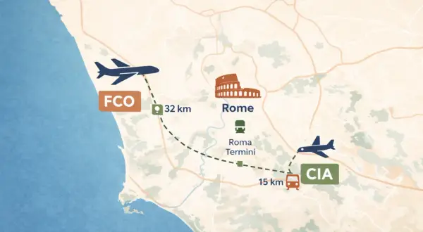 Mapa pokazuje trasę z lotniska Fiumicino do Rzymu (32 km) i dalej do lotniska Ciampino (15 km).