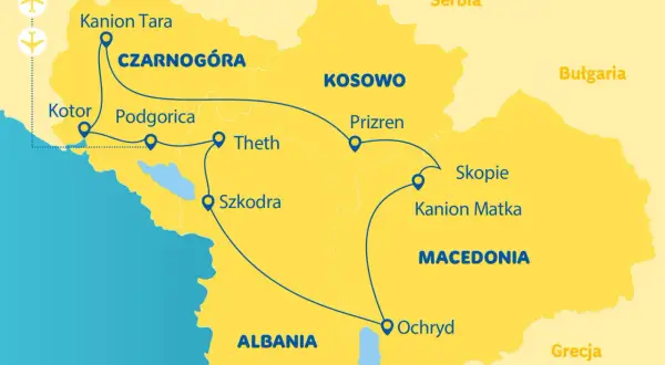 Mapa turystyczna **Ponidzie** z zaznaczonymi trasami przez Czarnogórę, Kosowo, Macedonię i Albanię.