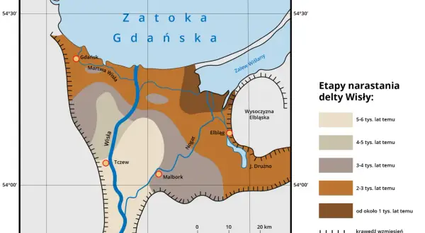 Mapa przedstawia etapy narastania delty Wisły, ukazując rozwój Żuław Wiślanych na przestrzeni tysięcy lat.