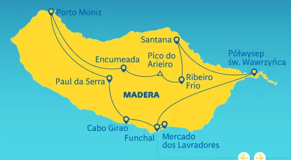 Mapa Madery z zaznaczonymi trasami i miejscami: Porto Moniz, Santana, Funchal. Madera leży na oceanie.