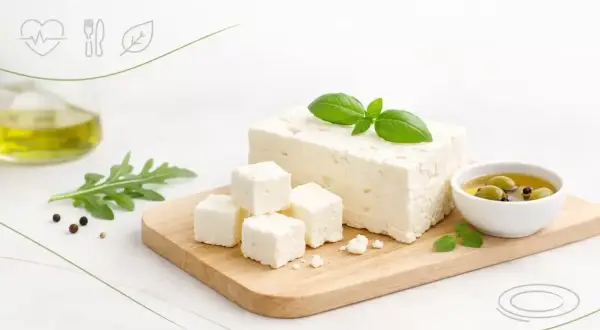 Czy ser feta jest zdrowy? Kostki sera feta, oliwa, oliwki i zioła na desce.