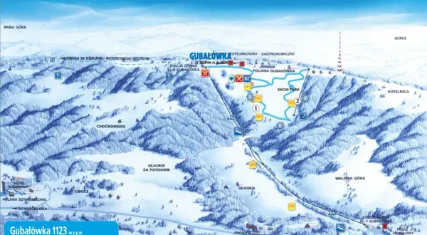 Mapa turystyczna Gubałówki w Zakopanem. Widok na stoki narciarskie, wyciągi, snow park i okoliczne szczyty.