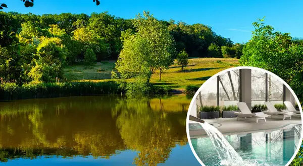 Relaks w hotelu nad jeziorem Wielkopolska: basen z wodospadem i leżakami, otoczony zielenią i spokojną wodą.