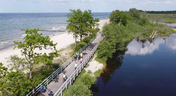 Ludzie na rowerach przemierzają malowniczą trasę Velo Baltica wzdłuż plaży i spokojnej wody.