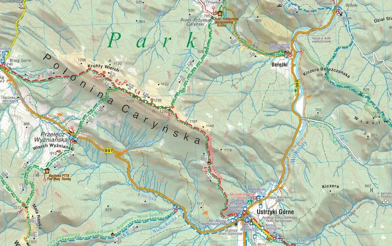 Mapa turystyczna Bieszczadów z zaznaczonymi szlakami, schroniskami i szczytami. Widoczne Połonina Caryńska i Bereżki.