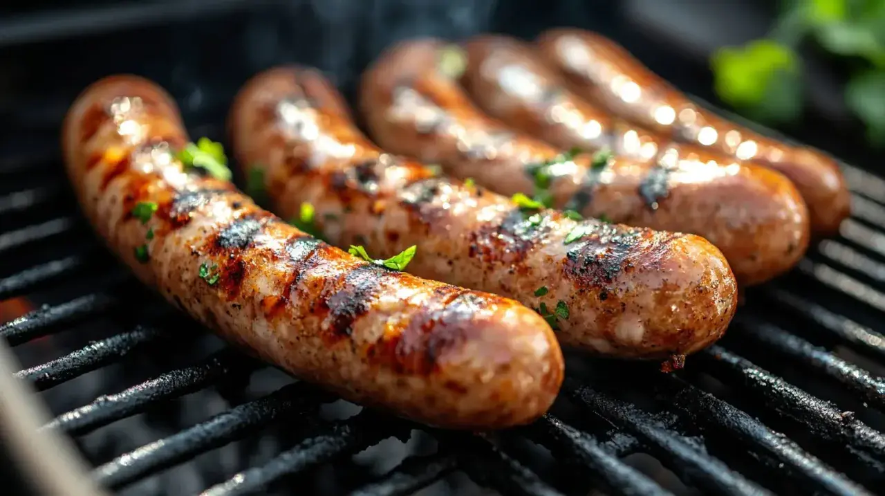 Soczysta kiełbasa na grilla, rumiana i pachnąca, z ziołami, pieczona na ruszcie.