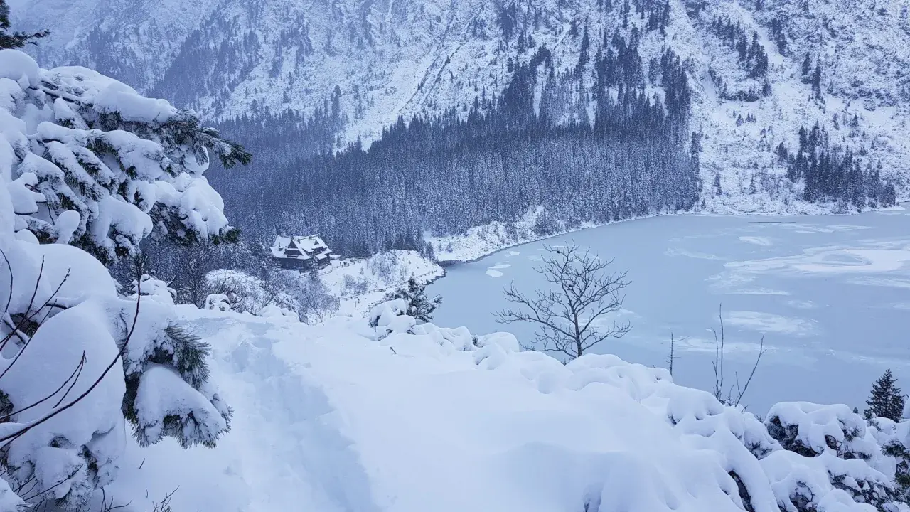 Zimowy krajobraz w Tatrach. Gęsty las i zamarznięte jezioro pokryte śniegiem. W oddali widać schronisko. Zakopane zimą zachwyca.