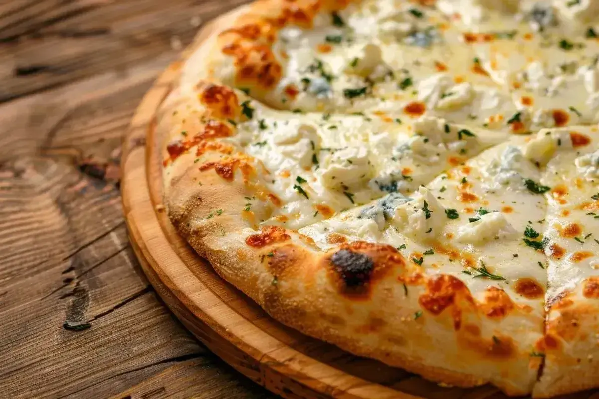 Pyszna pizza z czterema serami, w tym kremową **mozzarellą**, na drewnianej desce.