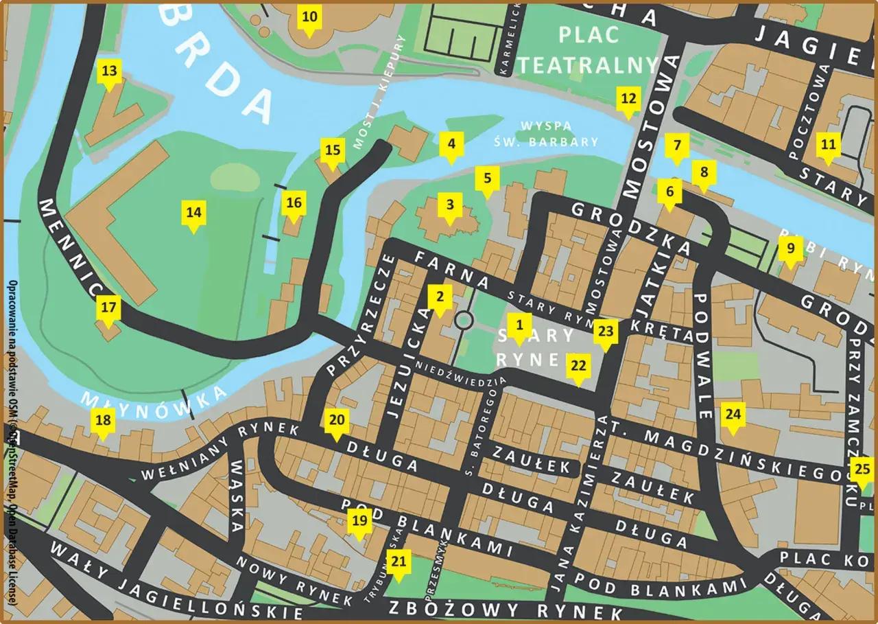 Mapa Starego Rynku w Bydgoszczy z zaznaczonymi ulicami i punktami.