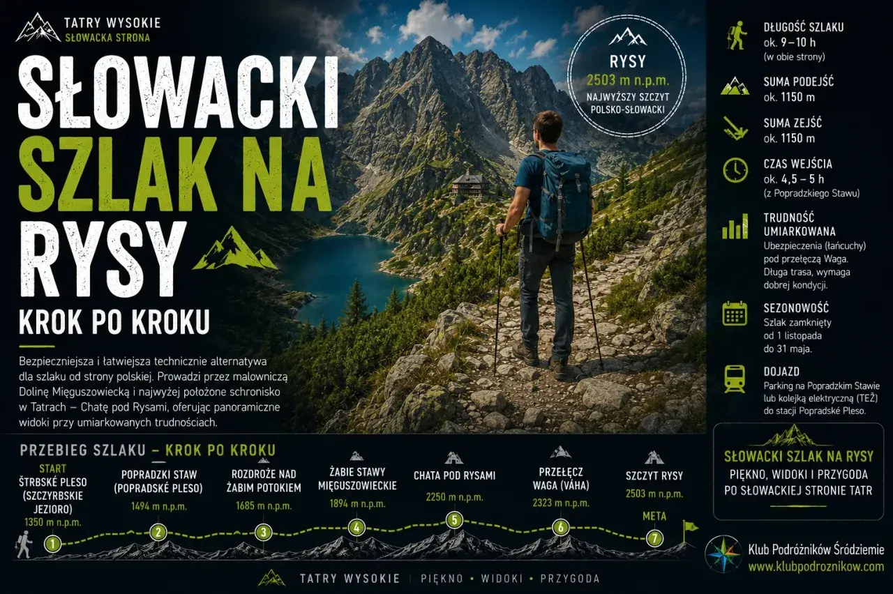 Turysta z plecakiem i kijkami idzie kamienistym szlakiem w Tatrach. W tle jezioro i góry. Opis szlaku na Rysy, z informacją o łańcuchach.