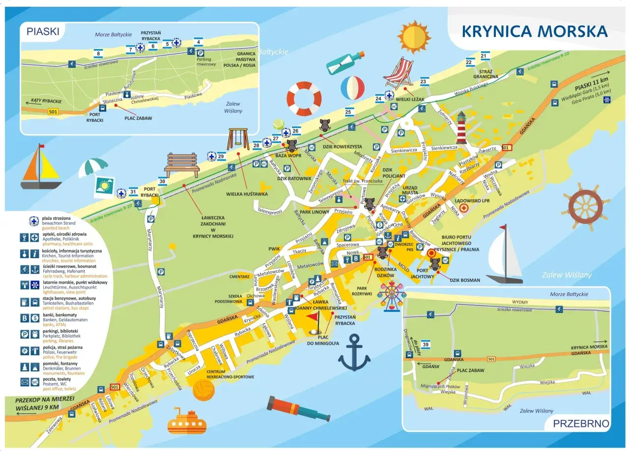 Mapa Krynicy Morskiej z zaznaczonymi atrakcjami dla dzieci: plac zabaw, park rozrywki, plaża strzeżona, ścieżki rowerowe.