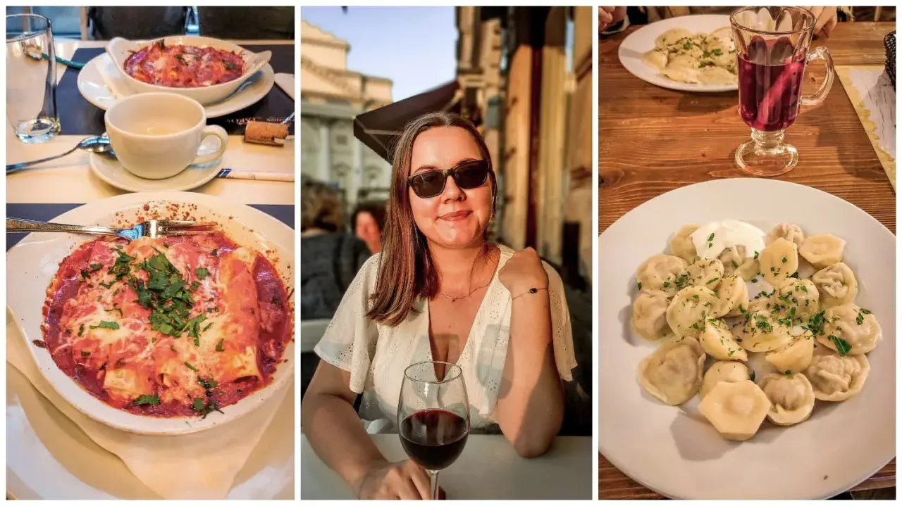 Uśmiechnięta kobieta z kieliszkiem wina, obok dania: pierogi, zapiekanka i napój. Pyszne jedzenie Warszawa!