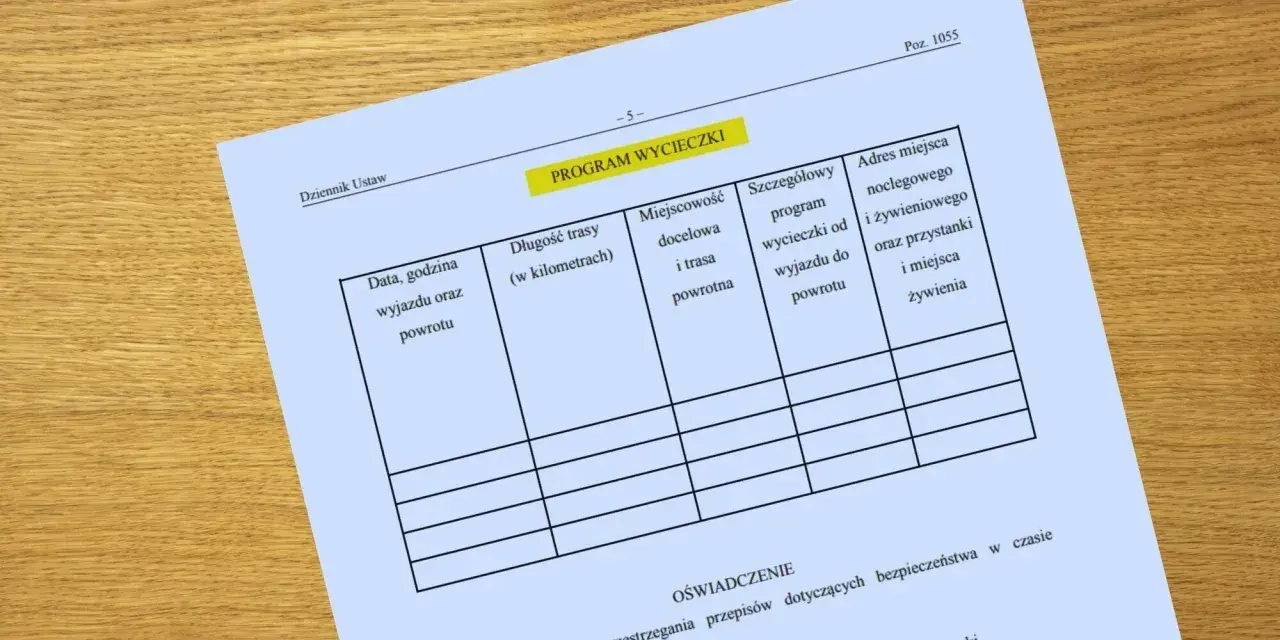 Formularz "PROGRAM WYCIECZKI" do zaplanowania 7 dniowej wycieczki po Polsce, zawiera pola na datę, trasę, noclegi i wyżywienie.
