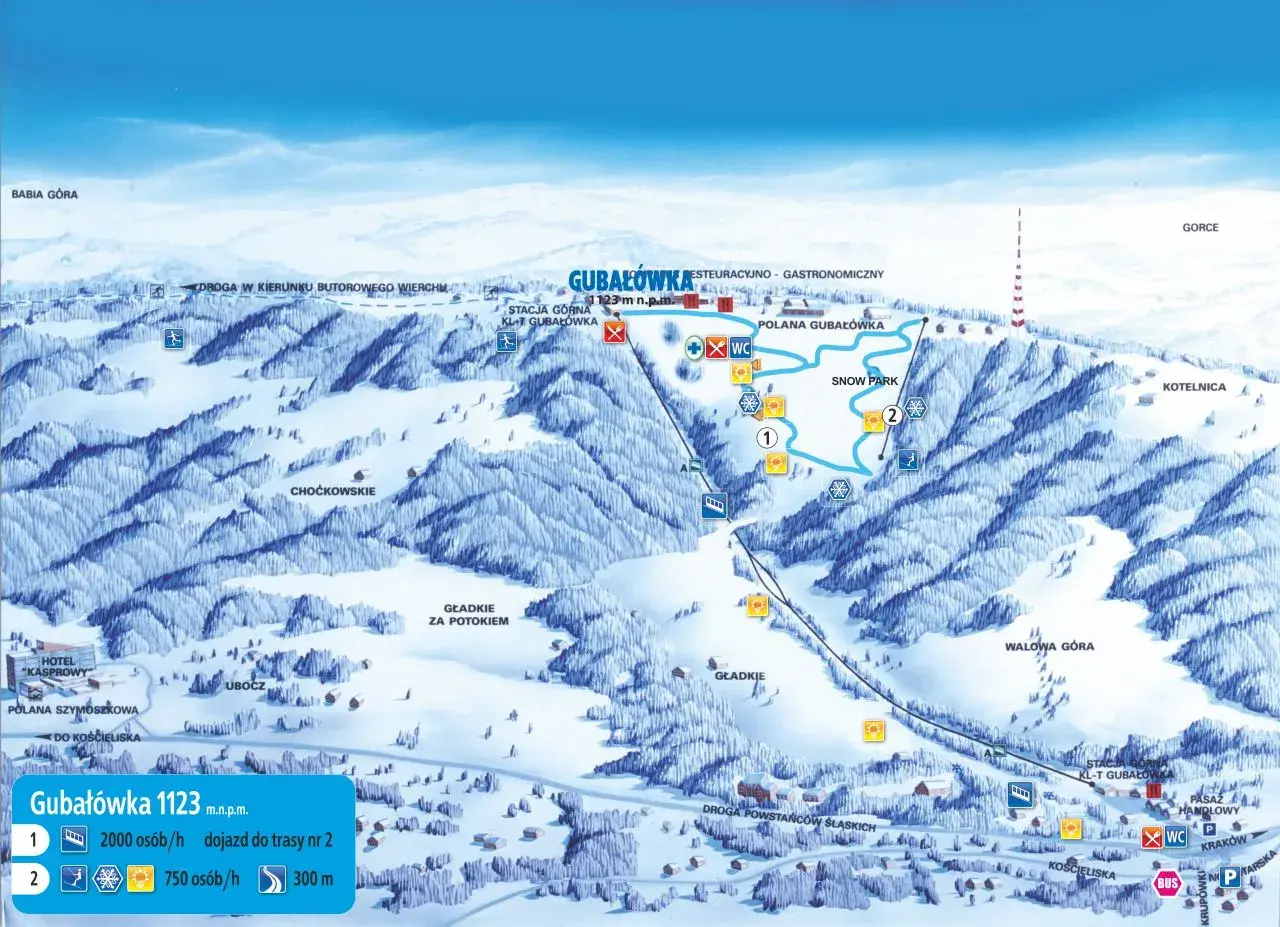 Mapa turystyczna Gubałówki w Zakopanem. Widok na stoki narciarskie, wyciągi, snow park i okoliczne szczyty.