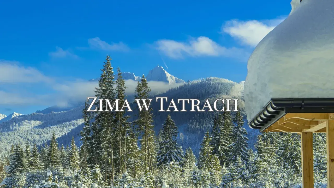Piękna zima w Polsce, Tatry pokryte śniegiem, iglaste lasy i błękitne niebo.