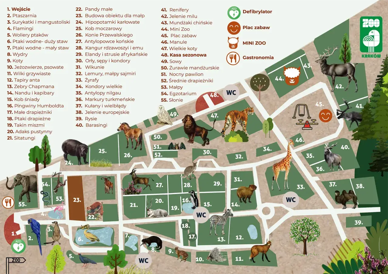 Mapa krakowskiego zoo z zaznaczonymi zwierzętami i atrakcjami. Odwiedź zoo w Krakowie, opinie są świetne!