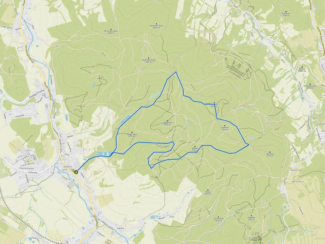 Mapa turystyczna z zaznaczoną trasą. Widać liczne góry, gdzie są szczyty jak Strażowa Góra, Jedlińska Kopa, Jagodziniec, Jaworek.