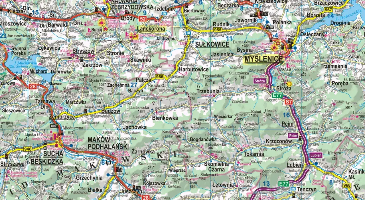 Mapa turystyczna Małopolski z zaznaczonymi miastami, drogami i szlakami. Widoczne m.in. Myślenice, Sucha Beskidzka, Maków Podhalański.