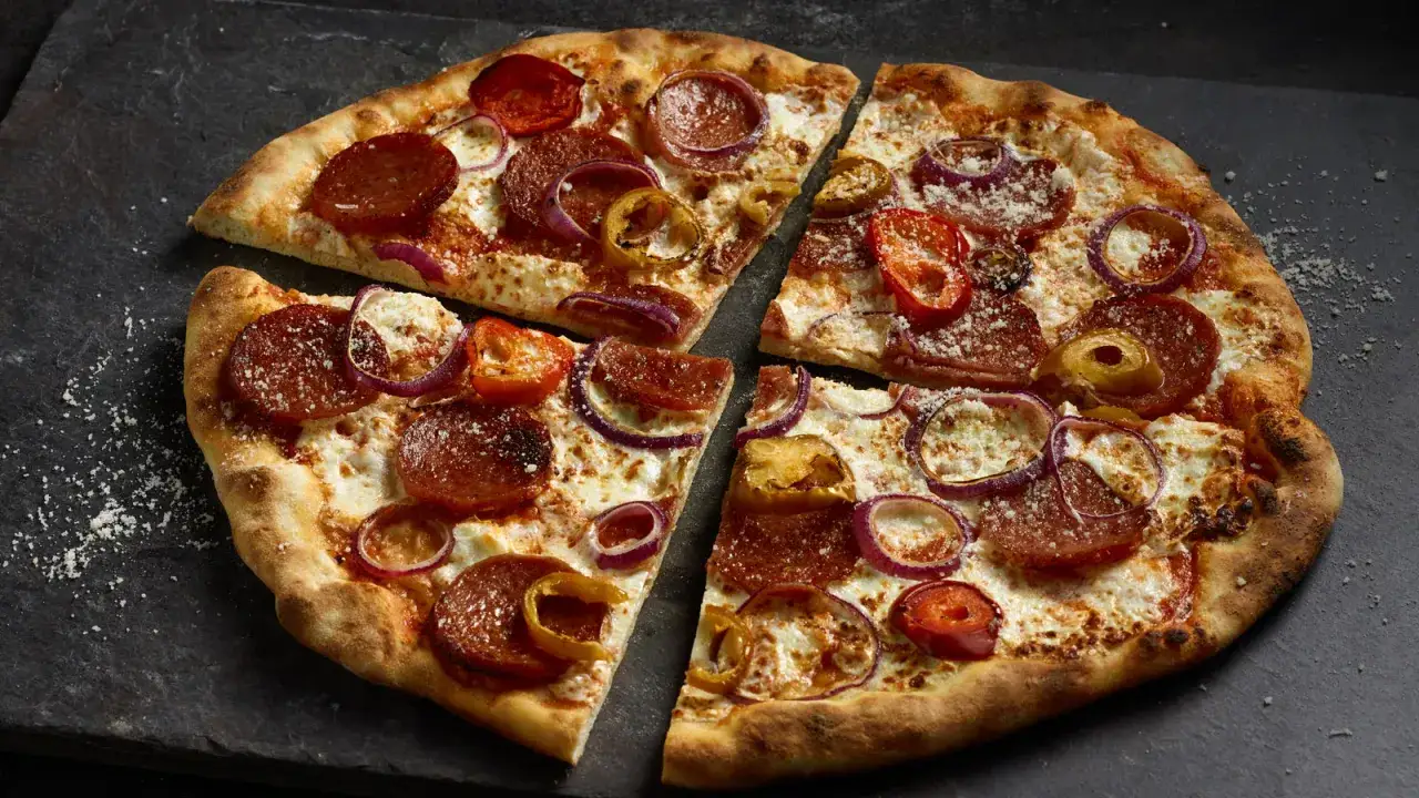 Kawałki pizzy z serem, cebulą, pomidorami i pikantnym peperoni, gotowe do podania.