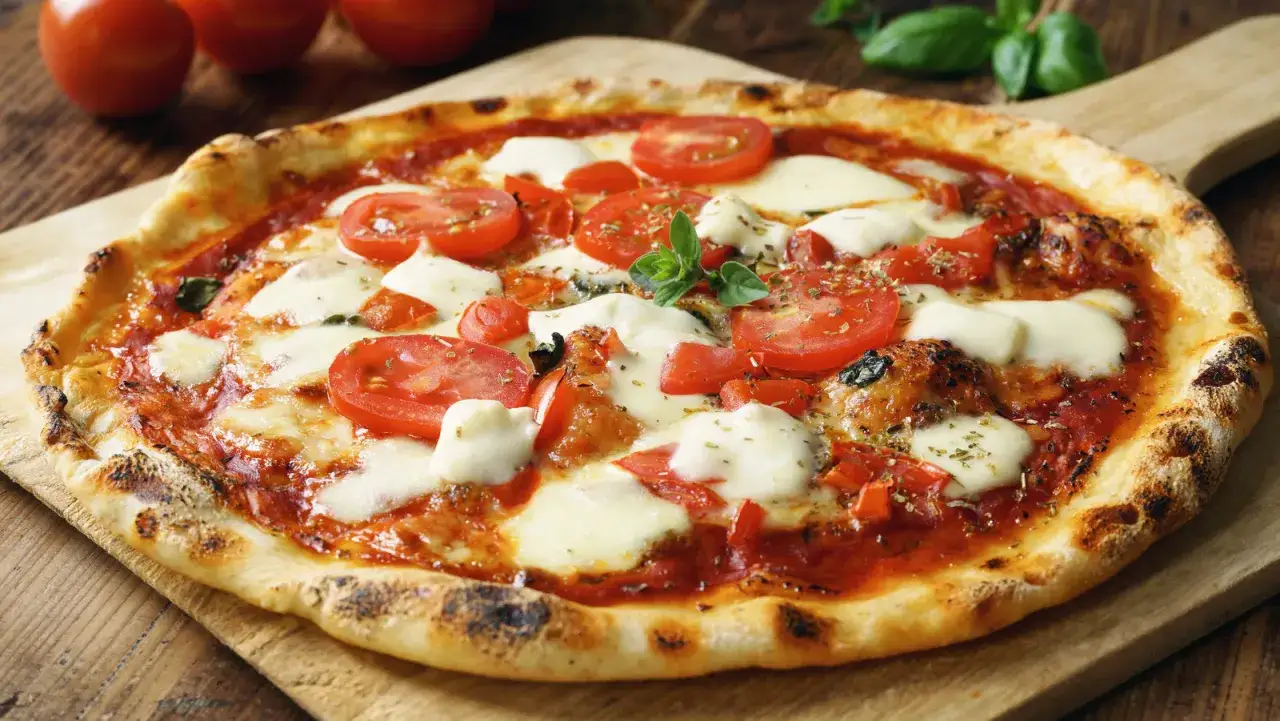 Pyszna pizza z pomidorami i ciągnącą się mozzarellą, ozdobiona świeżą bazylią, na drewnianej desce.