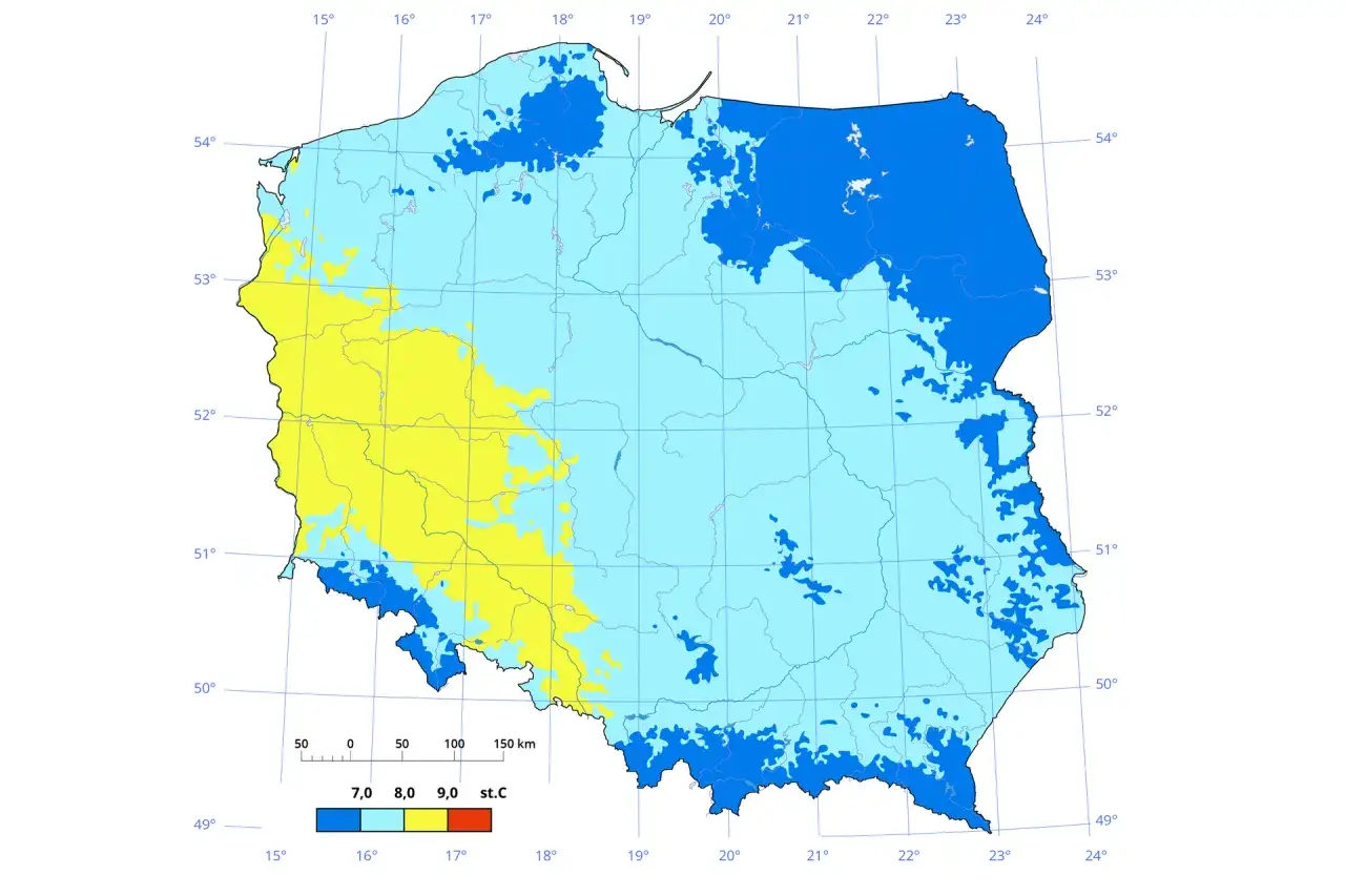 Mapa przedstawiająca zróżnicowanie klimatu Polski. Żółte obszary oznaczają wyższe temperatury, niebieskie niższe.