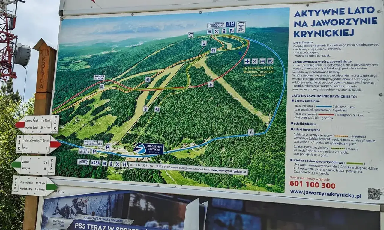 Mapa Jaworzyny Krynickiej pokazuje, jakie to góry. Znajdziesz tu szlaki turystyczne, rowerowe i edukacyjne.