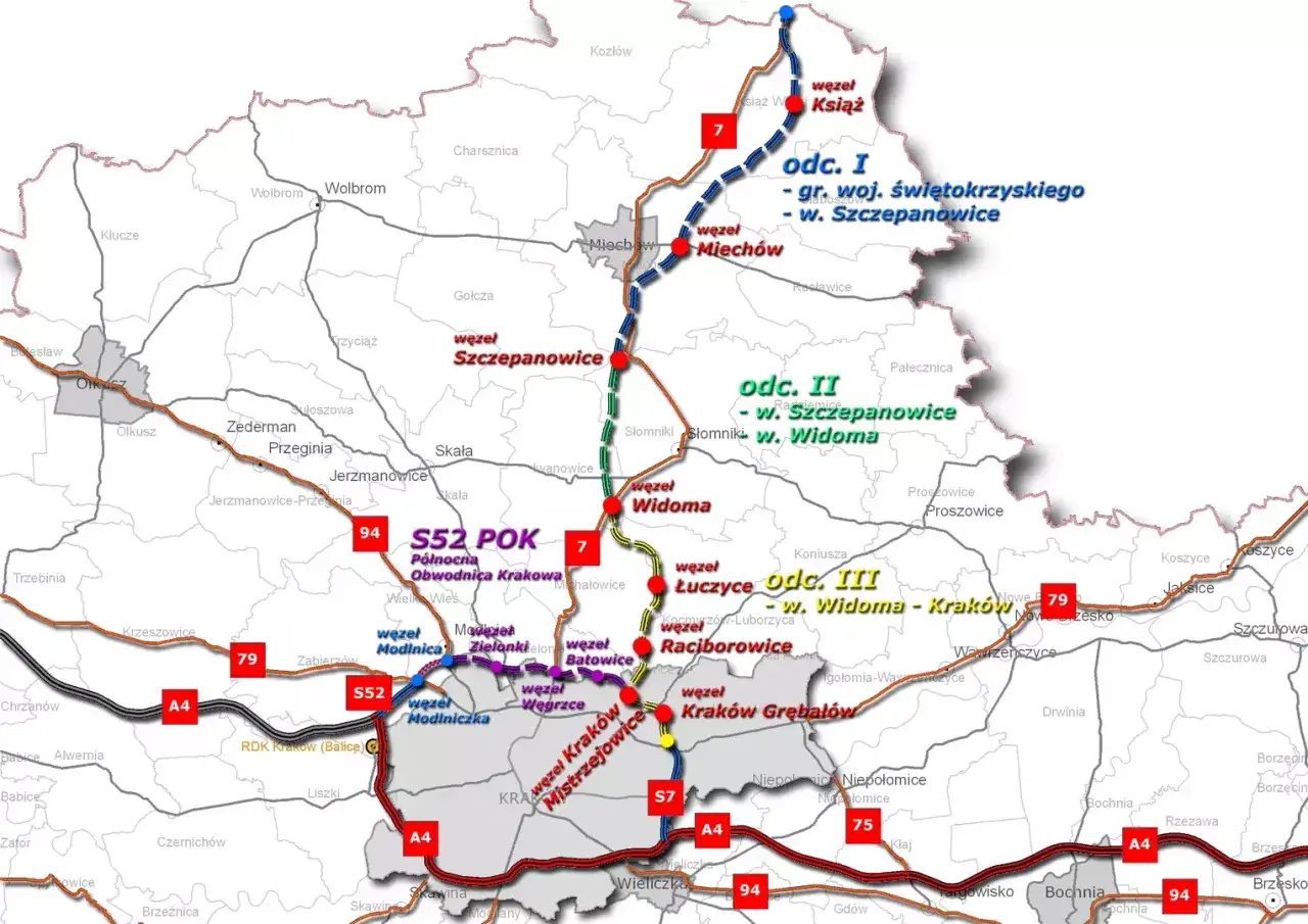 Plan wycieczki 7 dniowe po Polsce: mapa drogowa z zaznaczonymi odcinkami S52 i S7, węzłami drogowymi i miastami.