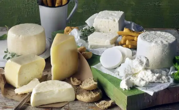 Różnorodne sery, w tym biała feta, żółte sery i świeży twaróg, podane z pieczywem i ziołami.