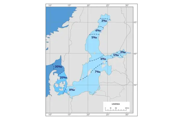 Mapa pokazuje **zasolenie Bałtyku**. Najwyższe zasolenie (30‰) występuje przy cieśninach duńskich, a najniższe (3‰) w Zatoce Botnickiej.