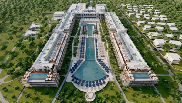 Nowoczesny hotel w Durrës w Albanii z basenami i domkami.