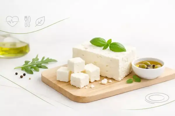 Czy ser feta jest zdrowy? Kostki sera feta, oliwa, oliwki i zioła na desce.
